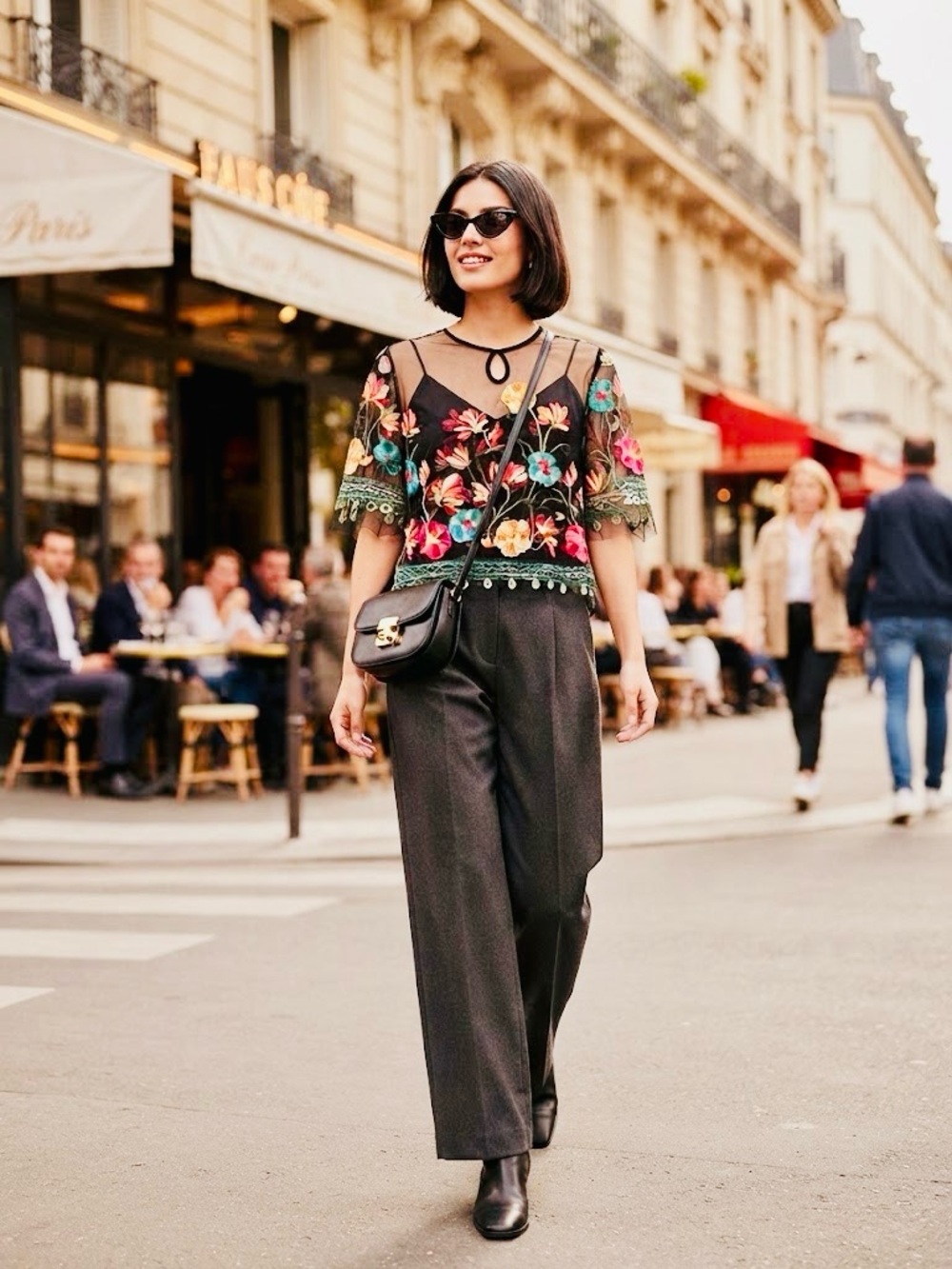 Black Sheer Floral Embroidered Crop Top with Multicolor Blooms